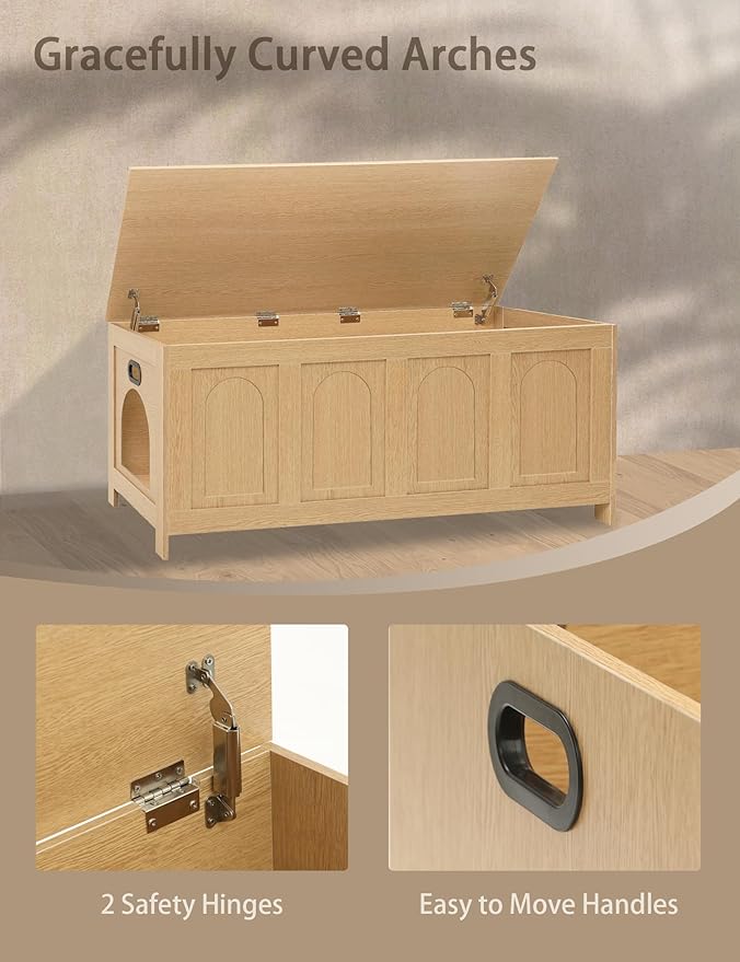 DINZI LVJ Cat Litter Box Enclosure, Flip Top Litter Box Furniture, Hidden Cat Washroom, 2-Entrances Wooden Pet House, 47.2" L x 18.7" W x 19.7" H, End Side Table, TV Stand, Easy to Assemble, Natural