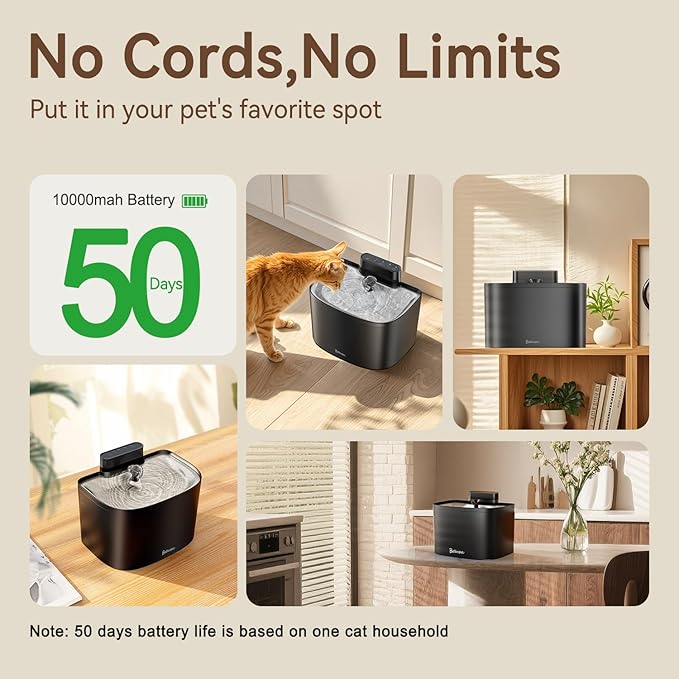 Cat Water Fountain, App Control Cat Fountain, 122oz/3.6L Pumpless Water Fountains for Cats Indoor with Stainless Steel Tray, Wi-Fi Dog and Pet Water Fountain (Black, Fountain+2 Fliters)