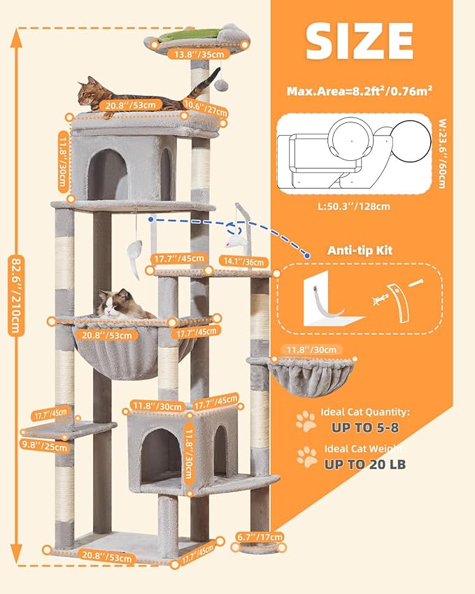 Taoqimiao MS032W 83In Cat Tree for Indoor Cats Large Adult, XXL-Cat Tower, Suitable 20lb+ Heavy Duty Large Cats, 2 Luxurious Cat Cando with 8 Scratching Posts,Oversized Metal Hammocks,Light Gray