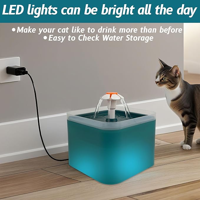 Cat Water Fountain Pet Water Fountain with LED Light, 67oz/2.0L Large Capacity, Cat Water Bowl 3 Flowers Designs & Silent