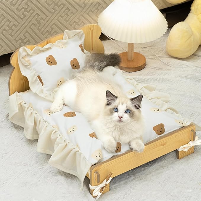 Elevated Cat Bed for Indoor Cats: Natural Wooden Cat Hammock Bed with Raised Legs Washable Mattress Pillow for Small Dogs Rabbit Bunny and Small Animals Holding 40 Lbs