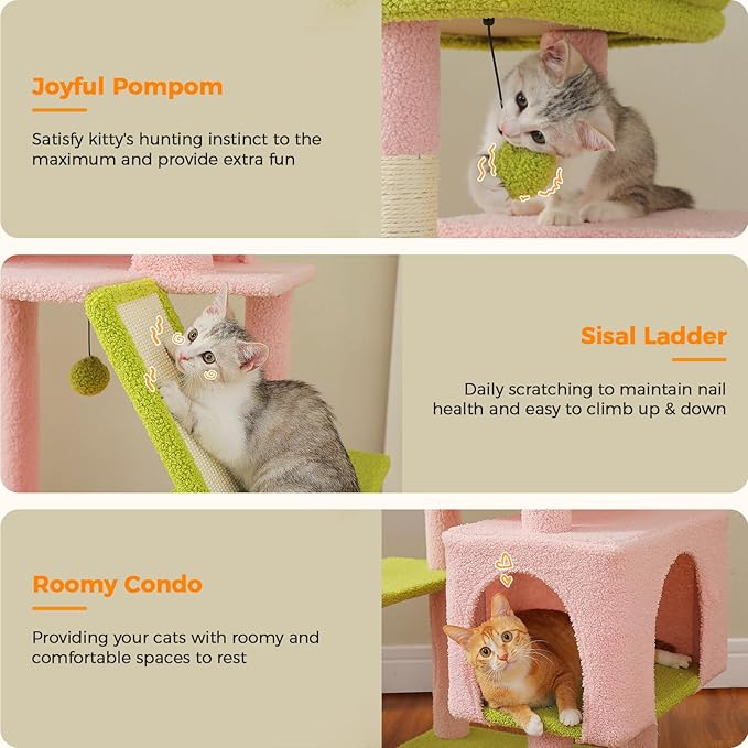 71 Inch Tall Pink Cat Tree for Indoor Cats Large Adult, Multi-Level Cat Tower with Extra Large Hammock, 2 Cat Caves, Spacious Top Perch, Scratching Pad