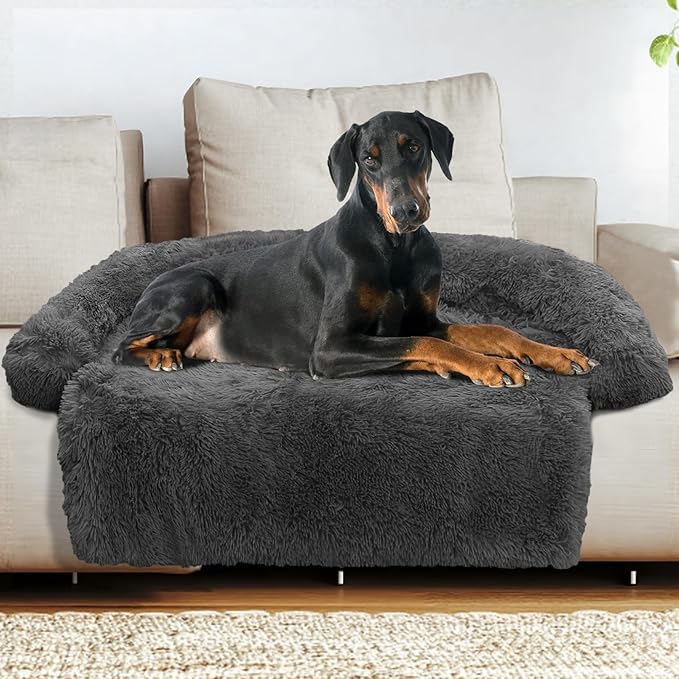 GGIB Calming Dog Bed Fluffy Plush Dog Mat for Furniture Protector with Removable Washable Cover for Large Medium Small Dogs and Cats (Extra Extra Large, Dark Grey)