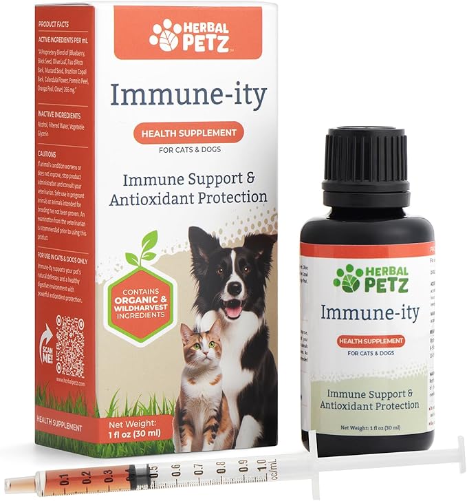 Immune-ity for Cats & Dogs - Herbal Health Supplement, Immune Support, Antioxidants, Yeast Balance, Healthy Stools, Microbiome Support, 1 Fluid Ounce Glass Bottle, Manufactured in The USA