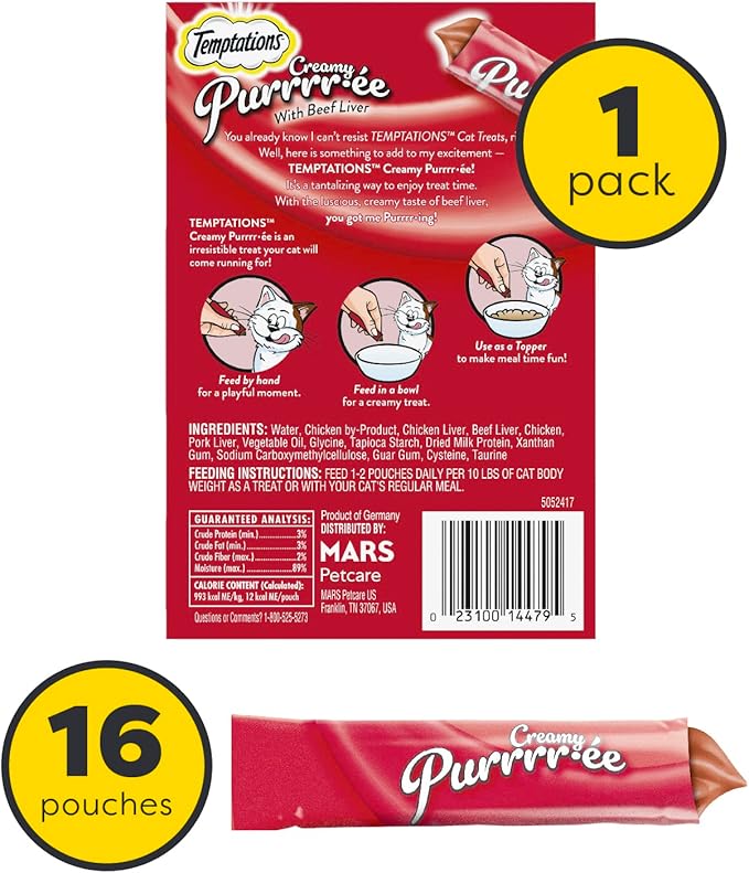 Temptations Creamy Puree Squeezable Lickable Wet Cat Treats with Beef Liver, 0.42 oz. Tubes, 16 Count
