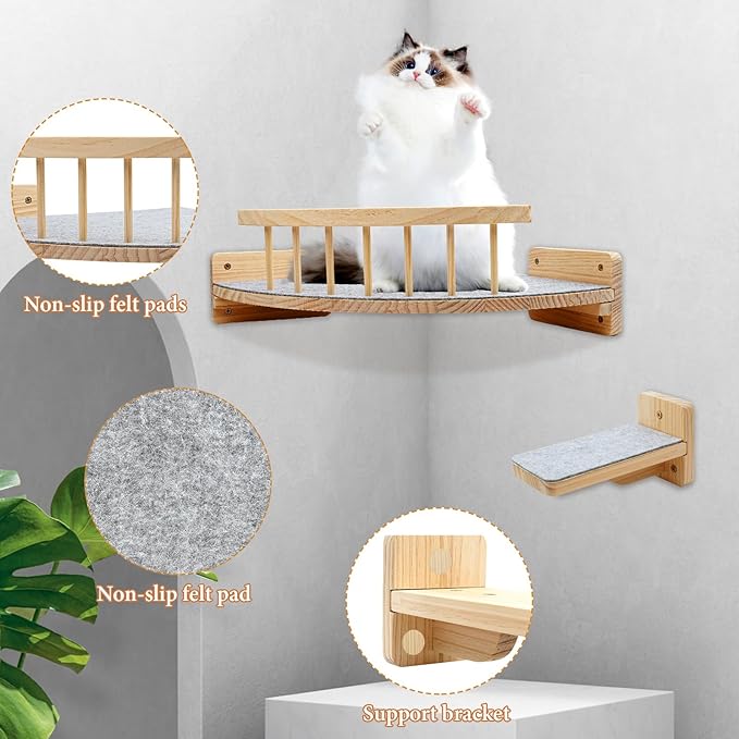 Cat Wall Shelves with 4 Step Scratch Post & Hammock Bed Wooden Floating Climbing Furniture for Sleeping and Playing Indoor Cat Climbing Shelf Corner Shelf Perches Support 20 LBS