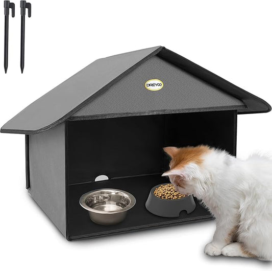 Dreyoo Cat Houses & Condos Outdoor Cat Feeding Station for Food & Water, Weatherproof Outdoor Kitty Dining Room Cats Shelter for Stray, Feral and Community Cats, 13”d x 17”w x 15.5'h(Dark Grey)