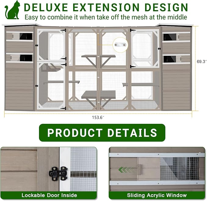 Large Catio Outdoor Cat Enclosure, Weatherproof Cat House Attached to Window for Multi Cats, 4 Story Wooden Kitten Condo Asphalt and UV Protection Roofs, Multi Platforms 153.6" L x 70" H