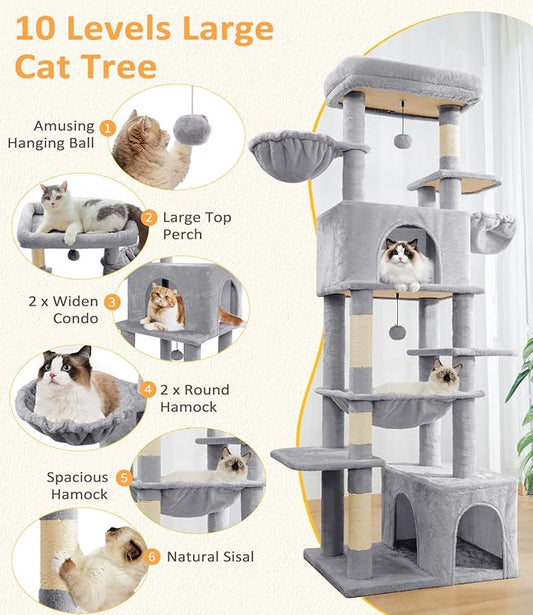 Cat Tree Large Cat Tower Tree 68" Multi-Level Cat Tower for Indoor Cats with Sisal Scratching Posts, Widen Cat Perche, Square Hammock, 2 Widen Condos, Scratching Posts, Light Grey