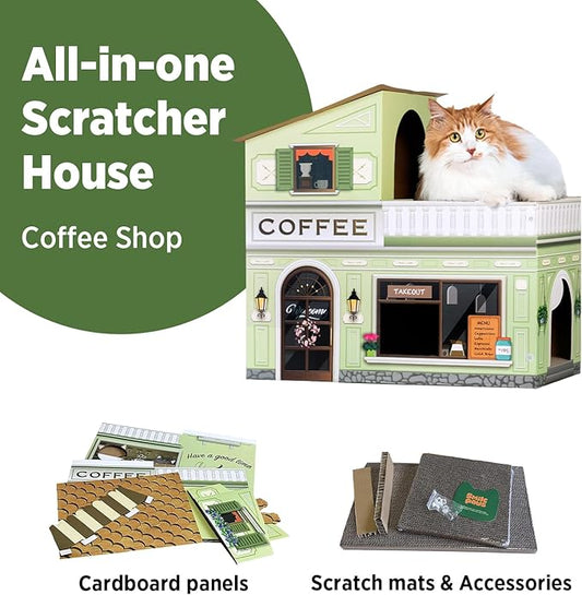 Cat Beds for Indoor Cats, Cardboard Cat House with Scratchers, Coffee Shop, Large Sturdy Cat Furniture Condo Cave Tent, Easy to Assemble Pet Toys Accessories Stuffs, Bunny Small Animals