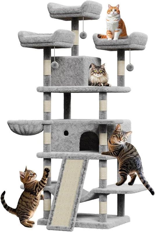 68.5 Inch Multi-Level Cat Tree, Plush Cat Tower with Condo/Sisal Scratching Posts/Hammocks/Basket/Dangling Ball/Platform, Heavy Duty Cats Tree to Play and Sleep, 2601#Light Grey