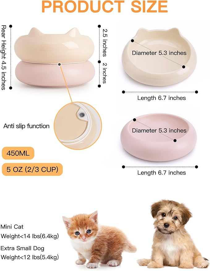 Cat Bowl, Ceramic Cat Bowls Food and Water Bowl Set, Whisker Friendly Cute Kitten Food Bowls for Protecting Pet's Spine, Yellow & Pink