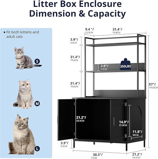 Cozy Castle Litter Box Enclosure, 57'' Cat Litter Box Furniture with Large Cabinet, Shelves, Hidden Cat House for Most of Litter Boxes, Wooden Pet Washroom Indoor, Black, No-Hook