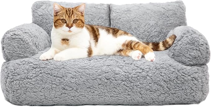 Cat Couch Bed - Cat Bed for Indoor Cats, Calming Pet Sofa Puppy Sleeping Bed with Removable Washable Cover, Cute Dog Couch and Kitty Lounge Chair for 18lbs Cats & Small Dogs(Light Gray)