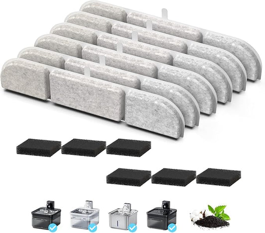 Cat Triple Filtration Fountain Filter Replacement - 6 Packs (6 Filters & 6 Sponges) for 84oz/2.5L Wireless Pet Water Fountain