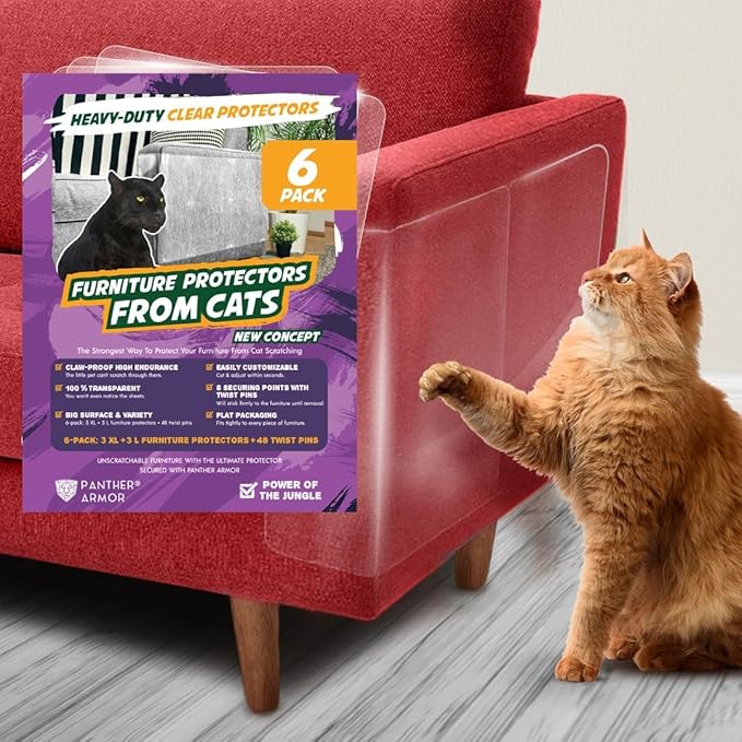 Panther Armor Anti Scratch Furniture Protector, 6-Sheets + 36 Pins, Couch Guards from Cat Claws, 100% Transparent, Stop Cats & Dogs from Scratching Furniture, Heavy Duty