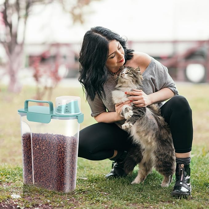 5-7Lbs Dog Cat Food Storage Container with Upgraded Large Nozzle BPA-free, 4 Snap Seals Plastic Pet Food Storage Containers with Handles (1, Elegant Blue, 5L)