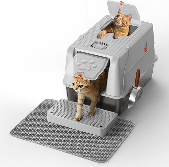 Stainless Steel Litter Box with Lid, XL Large Metal Box for Cats 180° Flip Cover, Non-Odor Enclosure Litter Box with Litter Scoop and Litter Mat (Non-Sticky, Easy to Clean, Anti-Urine Leakage)