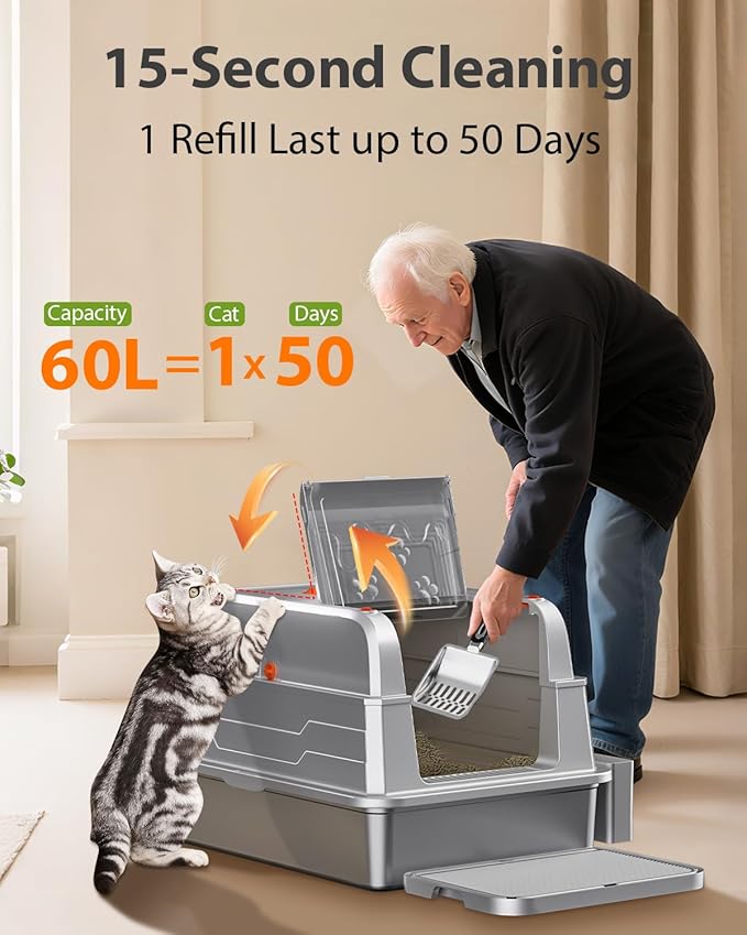 CATLIKE® 2025 Upgrade 152L XXXL Stainless Steel Cat Litter Box - 3-Layer Urine Leak-Proof, Enclosed Design w/Charcoal Filter for Maine Coon & Multi-Cat Homes, Includes Metal Scoop & Mat