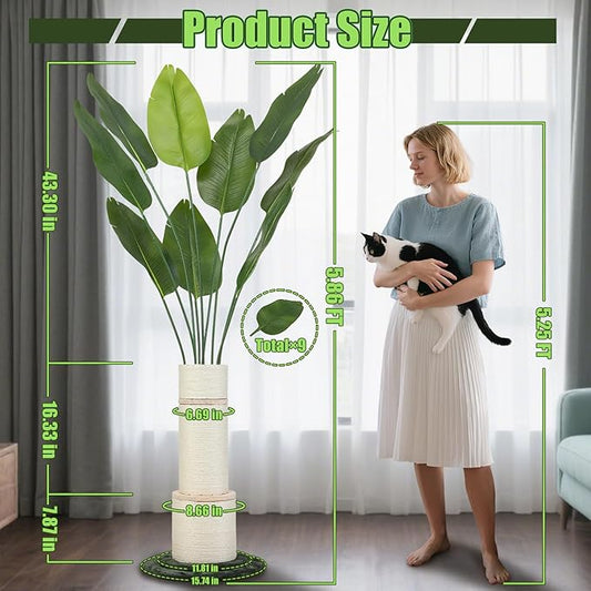 EMUST Cat Scratching Post, 5.86FT Cat Tower with Tall Scratching Posts for Indoor Cats Adults with Nature Sisal Rope-Bird of Paradise Artificial Plants Indoor with 9 Trunks, 70" Faux Tree for Decor