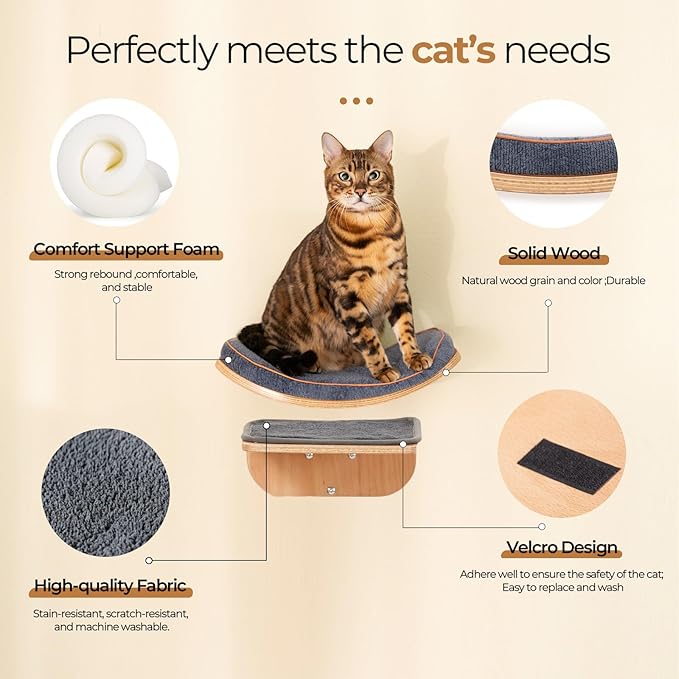 Cat Wall Shelves,Cat Wall Steps and Perch,Stairs,Ladders,Nest,Bed,Modern Wooden Floating Climbing Furniture for Hopping and Sleeping,with Scratching Cushion（Combo）