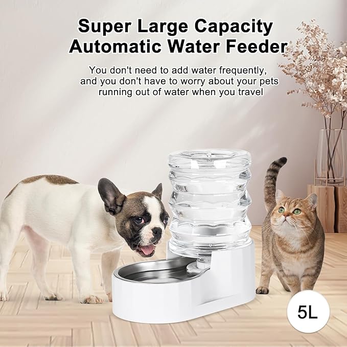 RIZZARI Dog Water Bowl Dispenser: 5L Automatic Stainless Steel Gravity Feeder - Large Capacity Ideal for Indoor and Outdoor Hydration