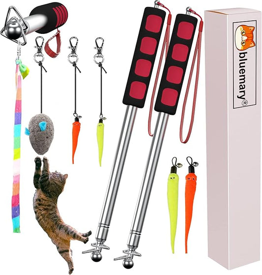 Bluemary 2 Cat Wand Toys & 4 Rainbow Feather String Toys - Engaging Interactive Play for Indoor Kittens and Cats - Ideal for Fun Exercise