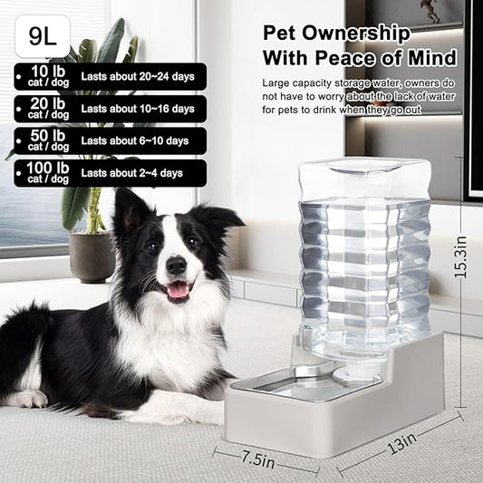 RIZZARI Stainless Steel Pet Water Feeder: 9L Automatic Leak-Proof Gravity Dispenser for Cats Dogs Indoor Outdoor Use（Beige with Filter,9L）