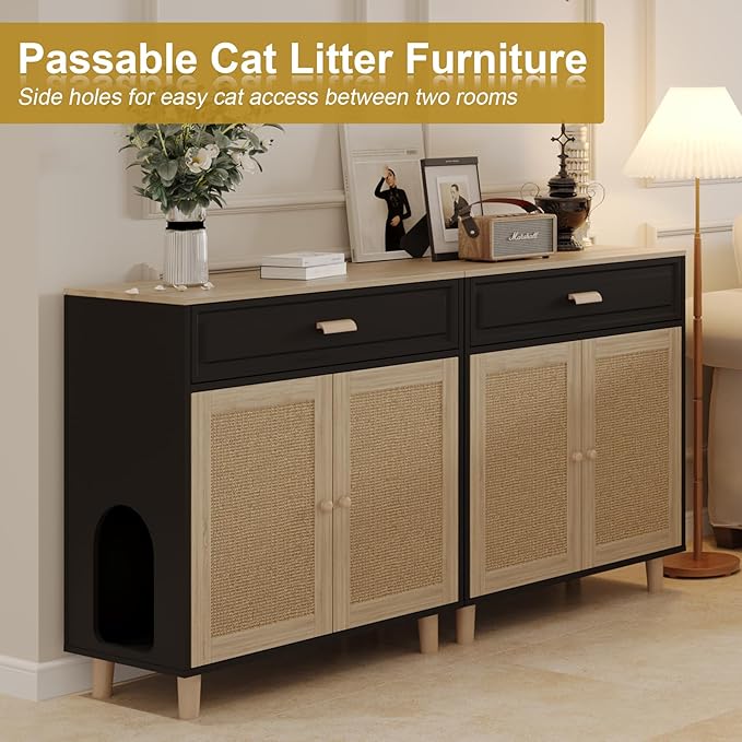 Cat Litter Box Enclosure Furniture Hidden Indoor 2-in-1 Wooden Cat House & Washroom Cabinet with Scratching Board Doors and Drawer, 31.5"x15.7"x34.6"H - Black