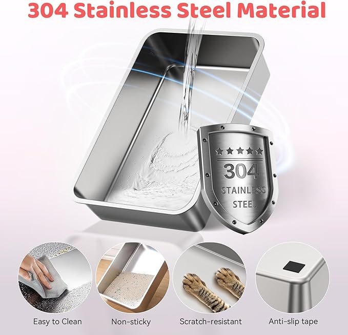 Stainless Steel Cat Litter Box with Lid, 180° Flip Top Kitty Litterbox, XL High Sided Enclosure Litter Pan for Big Cats, Front & Top Entry, Anti-Leakage, Odor-Free, Easy Clean, Includes Scoop Mat