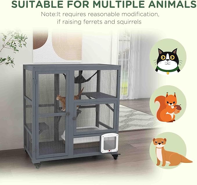 PawHut Indoor Wooden Catio, Cat House Cat Enclosure on Wheels with 3 Platforms, Hammock, Cat Flap Door & Openable Top, Luxury Kitty House for 2 Cats, 39", Light Gray