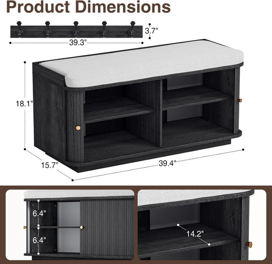 Dark Grey 39.4" W 2-Tier Shoe Bench with Storage | Entryway Bench with Padded Cushion, Sliding Doors & 5 Hooks