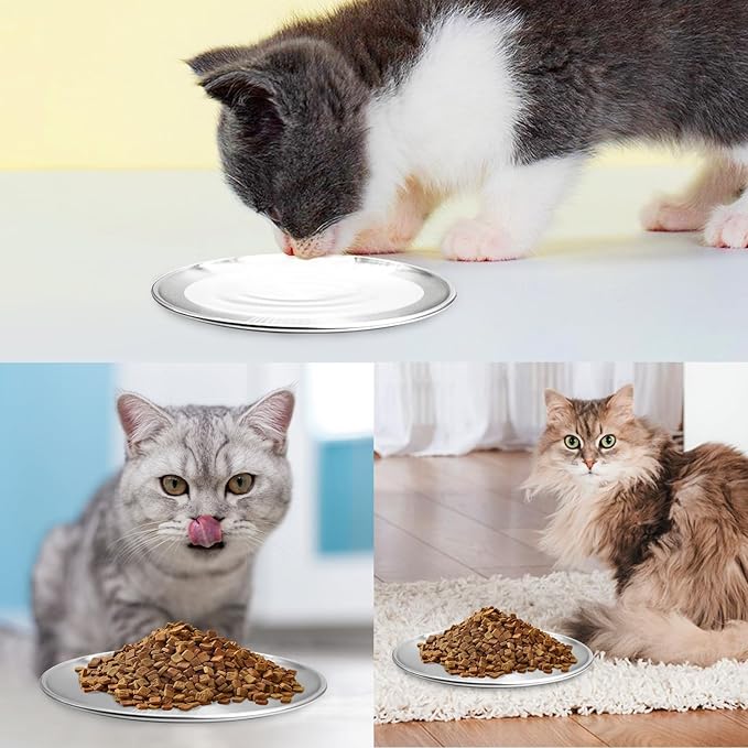 Fhiny 12 PCS Stainless Steel Cat Dish Set, 5.5", Wide Whisker Friendly Cat Bowls Shallow Kitten Feeding Plate Replacement Basic Small Pet Bowl Metal Flat Cat Dish for Stray Cats Dogs (5.5" Dia)