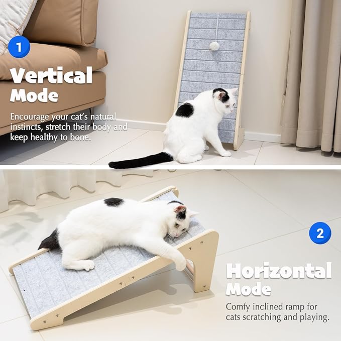 PETKARAY Felt Cat Scratcher, L Shaped Scratching Pad, Scratch Resistant Carpet Scratcher Ramp, Slot-Free Scratch Board with Toy Ball, Light Grey