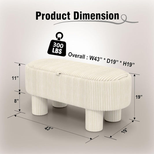 Corduroy Storage Ottoman Bench, 43" Upholstered Oval Footrest with Hidden Storage, Modern Design with Solid Wood Legs for Bedroom, Living Room, and Entryway Furniture, White