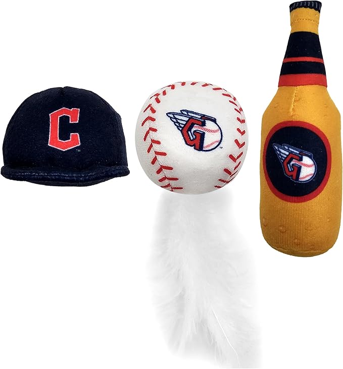 Pets First Best Plush CAT Toy - MLB Cleveland Guardians Complete Set of 3 Piece Cat Toys Filled with Fresh Catnip. Incld: 1 Baseball Cap Cat Toy, 1 Baseball Cat Toy with Feathers & 1 Beer Bottle.
