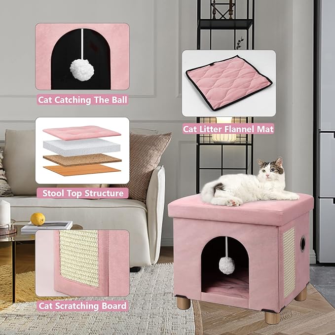 BRIAN & DANY Cat House for Indoor Cats, Cat Cave Bed for Pet, Cat Cube with Cat Scratch Board & Cat Ball, 14.7" x 14.1” x 12.7”, Pink