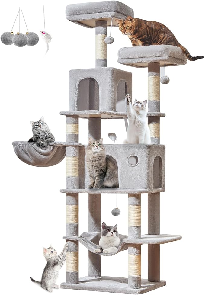Taoqimiao Large Cat Tree，73-Inch Cat Tree Tower with 9 Scratching Posts for Indoor Cats, 2 Large Cat Condo with Hammock, Hanging Basket, 2 Extended Platform, Light Gray MS013XLW