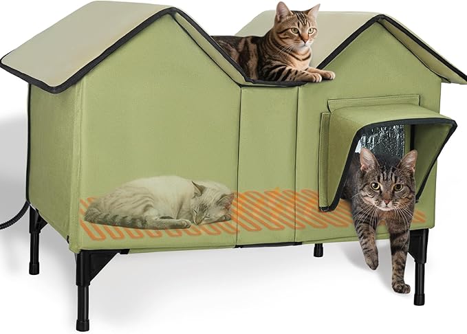 Extra Wide Large Heated Cat House for Outside, Elevated Waterproof Outdoor Cat House Weatherproof for Winter, Insulated Outdoor Cat Shelter with Escape Doors and Heating Pad for Multiple Cats, Green