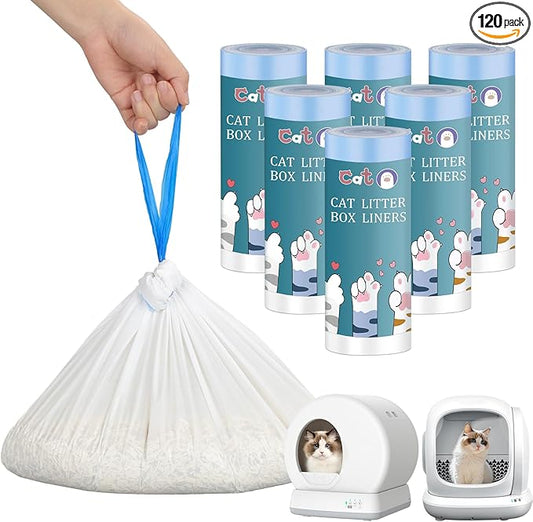 120 Count Self-Cleaning Cat Litter Box Liners for MW-SC01/MW-SC02/MW-LR01, Drawstring Heavy Duty Waste Bags, Leak-Proof Disposable Trash Bags - 18" x 12.6"
