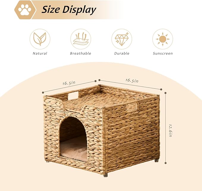 Cat Houses for Indoor Cats, Handwoven Cat Cave Pet Cube, Natural Pet Cat House, Cat Beds with Double-Sided Mat, Cat Condo Hideaway in Living Room Bedroom