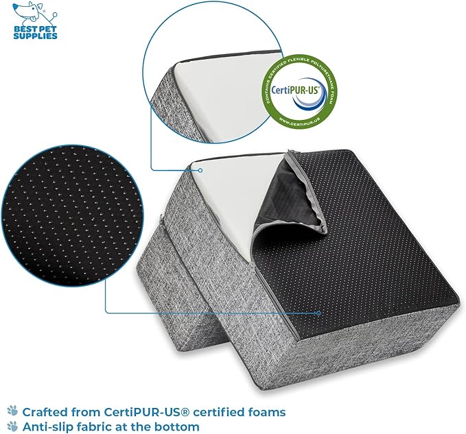 Best Pet Supplies Dog Stairs & Steps - Foam Steps for Small Dogs & Cats, Non-Slip Indoor Balanced Pet Step Support, Dog Ramp, No Assembly, Ash Gray Linen, Foldable 2-Step (12-inch Height)