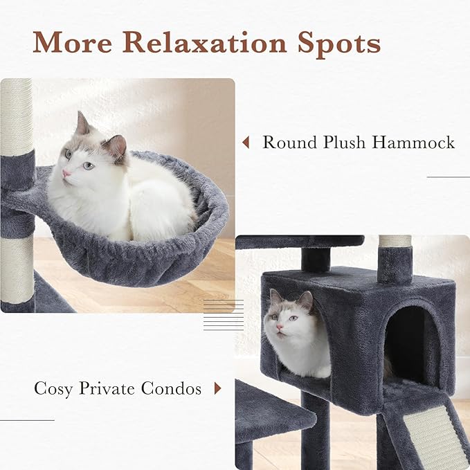 PAWZ Road Cat Tree, 60 Inches Cat Tower with Dual Condos, Spacious Perch, Cozy Basket and Sisal-Covered Scratching Posts for Indoor Cats- Dark Gray