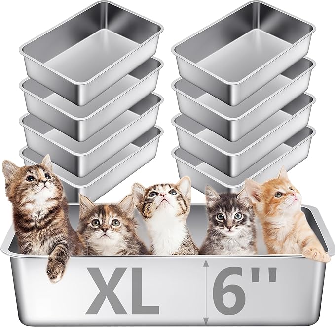 Tioncy 10 Pack Stainless Steel Litter Box for Cat,23.5 x 15.5 x 6 Inch Extra Large Metal Litter Box Non Stick Litter Pan with High Sides Never Absorbs Odor, Rustproof for Cat Dog