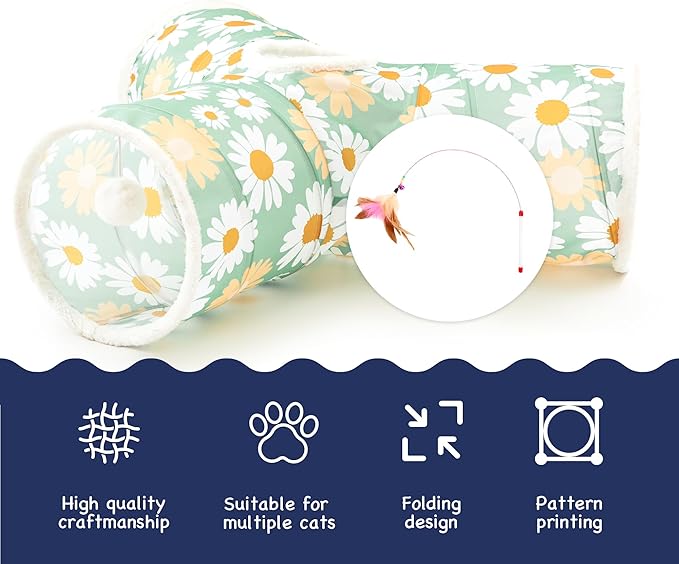 Tempcore Pet Cat Tunnel Tube Cat Toys 3 Way Collapsible, Cat Tunnels for Indoor Cats，Kitty Tunnel Bored Pet Toys Peek Hole Toy Ball Puppy, Kitty, Kitten, Rabbit Daisy Green Printed
