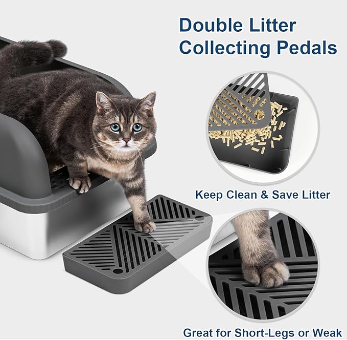 8" Deep Stainless Steel Litter Box with Lid Extra Large Cat Litter Box for Big Cats XL Metal Litter Pan Tray with High Wall Sides Enclosure, Non-Sticky, Anti-Leakage (Charcoal Gray)