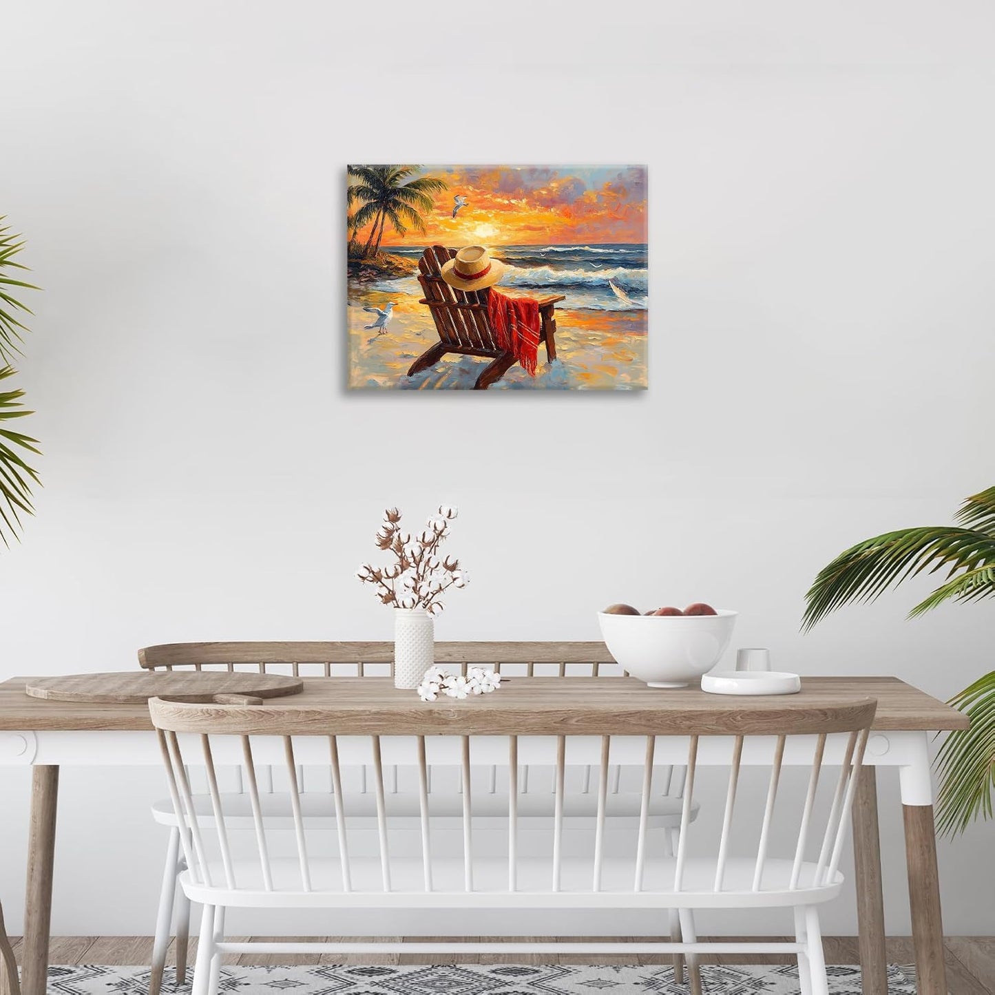 Beach Coastal Bathroom Pictures Wall Art, Seaside Ocean Bathroom Wall Decor, Sunrise Palm Framed Painting Canvas Artwork for Bedroom Living Room Decorations 16"L x 12"W