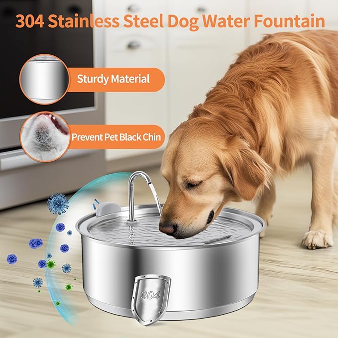 8L/2.1G Dog Water Fountain for Large Dog, Dreamocean Dog Water Bowl Dispenser Stainless Steel Pet Water Fountain, Water Dispenser for Dogs with 2 Ultra Quiet Pump for Multiple Pets with 12 Filters
