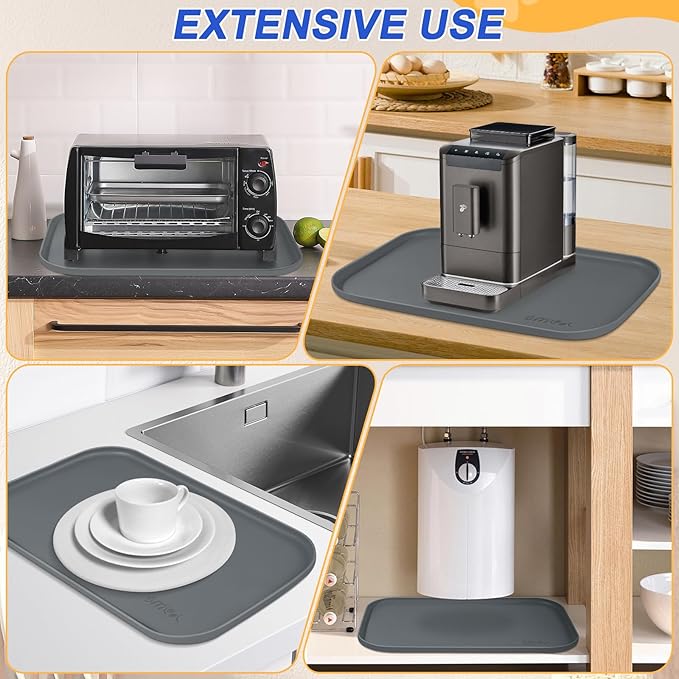 Silicone Pet Feeding Mat with Raised Edge for Food and Water, Dog Bowl Mats, Cat Bowls Placemat with High Lip for Floor Waterproof, Rubber Tray for Cats and Dogs 19 x 12 x 0.7 Dark Grey