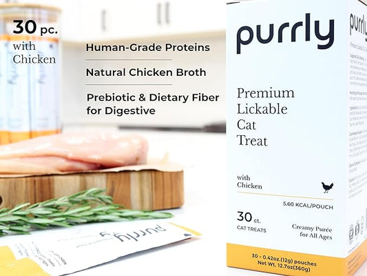 Purrly Lickable Wet Cat Treats Creamy Purée Human-Grade Chicken Breast with Prebiotic and Dietary Fiber for Digestive Health (30 Count) Non-Seafood Non-GMO No-Grains No-Artificial-Additives All Ages